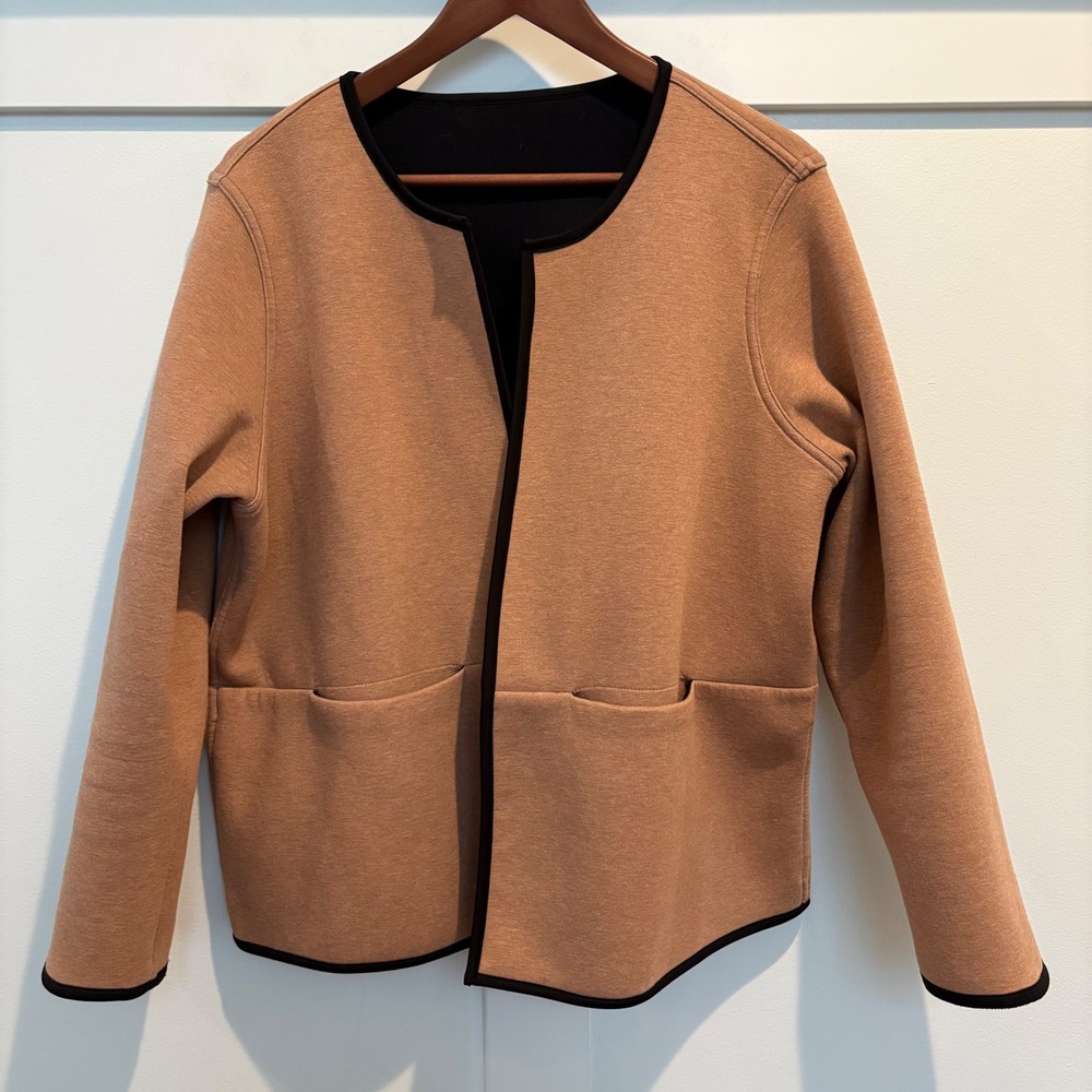 J. Jill Wearever Cardigan Large Black Tan Reversible Open Double Knit Jacket - Picture 2 of 15
